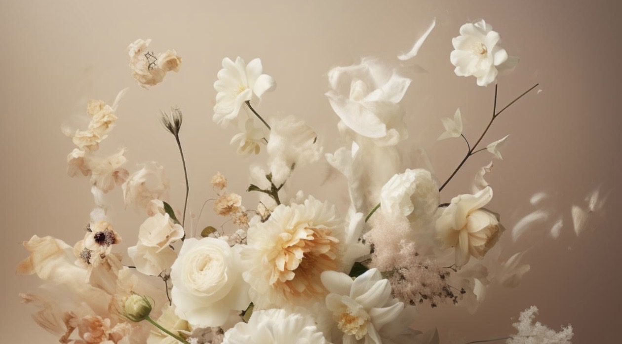 Floral composition in cream and beige tones on a neutral background